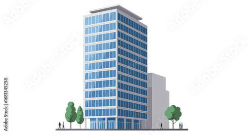 A tall modern office skyscraper with reflective blue glass windows, surrounded by trees and small figures walking, presented in a minimalistic flat vector style.