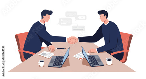 A flat vector illustration of two businessmen shaking hands over a desk with laptops, coffee, and documents, representing agreement, partnership, or negotiation.