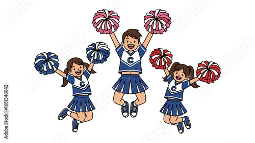Cheerleader's Jumping with Cheerleading Pom-Poms: A group of cheerful, vibrant cheerleaders, exuding enthusiasm, perform an uplifting routine with their colorful pom-poms, symbolizing energy, spirit.