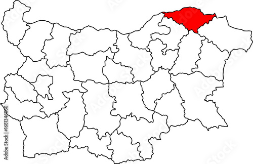 A detailed map of Bulgaria highlighting the Silistra Province. Ideal for cross-border trade, business analysis, or geographical content related to the Danube River.

