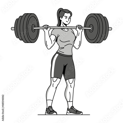 Strength and Determination: A strong woman lifts a heavy barbell, exuding power and resolve in a detailed illustration that captures the essence of fitness.