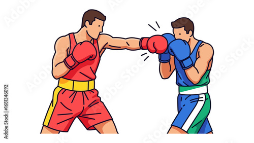 Dynamic Boxing Duel: Capturing the intensity of a boxing match, two determined athletes engage in a dynamic exchange of power punches.
