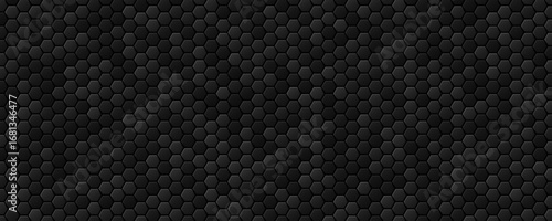 Abstract dark hexagons background. Hi-tech geometric design with black cyber honeycomb texture for technology banner or digital biotech presentation. Vector illustration.