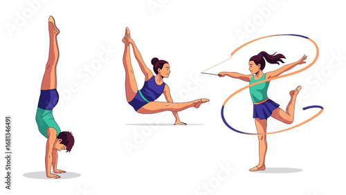 Dynamic Duo: A vibrant artistic illustration showcasing the grace of a young person engaging in various rhythmic gymnastics and acrobatics in motion.