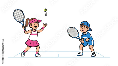 Tennis Play: An illustrated depiction captures two young children engaged in a friendly match on a tennis court, emphasizing the joy of sport.