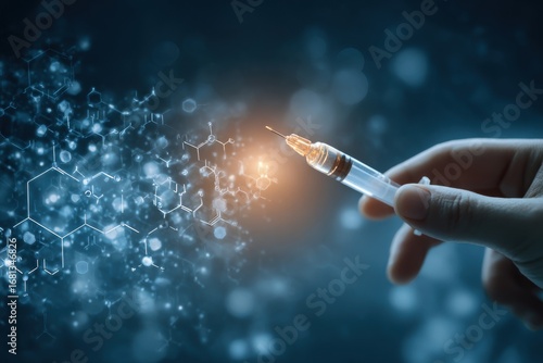 Hand holding peptide syringe over glowing molecular background showing skincare and health benefits