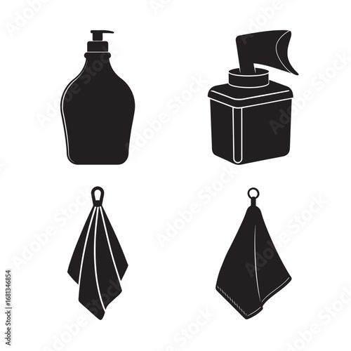 silhouette disinfectant wipes container, soap bottle, kitchen towel for cleaning set bundle on the white background