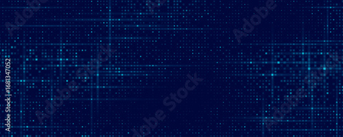 Digital glowing pixels matrix pattern on dark blue background. Abstract backdrop of flowing glittering dots for FinTech presentation, blockchain or data scientist concept. Vector illustration.