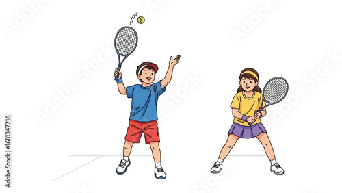 Dynamic Duo of Tennis: Capturing a high-energy tennis match with a child throwing the ball in air and a child holding tennis racket.