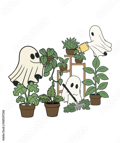 Cute Ghosts Taking Care of Houseplants Illustration
