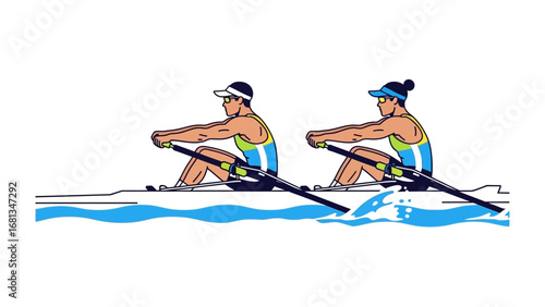 Dynamic Duo in Rowing: Two rowers in perfect unison cut through the water with powerful strokes, showcasing the essence of teamwork and competitive spirit.