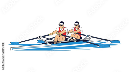 Rowing Duo on Water: A pair of determined athletes in a rowboat, each pulling oars through the water, showcasing their synchronicity.