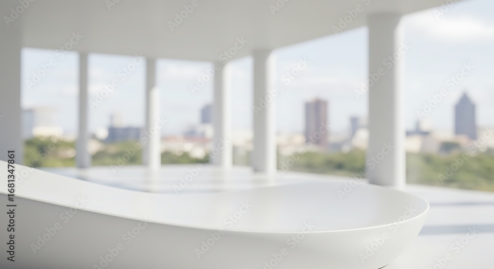 Fototapeta premium Mockup of modern white bathtub with a city view through large windows for commercial usage