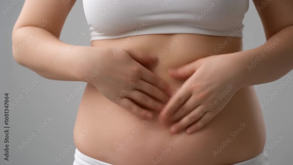 A woman gently rubbing her stomach and side, checking for cellulite and excess subcutaneous fat 