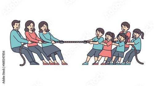 Family Tug-of-War: Two families engage in a spirited tug-of-war game, embodying teamwork, competition, and familial bonds through vibrant, lively illustration.