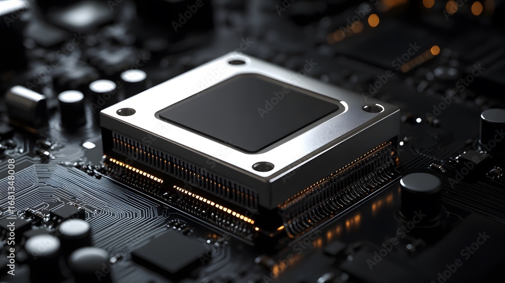 Fototapeta premium A close up shot reveals the intricate details of a modern computer processor chip mounted on a circuit board showcasing advanced technology and precision enginee.