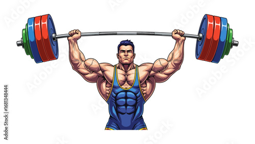 Weightlifter's Strength: A muscular weightlifter confidently lifts a heavy barbell overhead, showcasing peak athleticism and dedication to physical fitness, and strong pose.