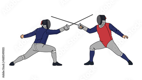 Duel of Skill: Two masked fencers engage in a dynamic sword fight, their movements a blur of precision and grace. Capturing the focus and intensity of fencing.