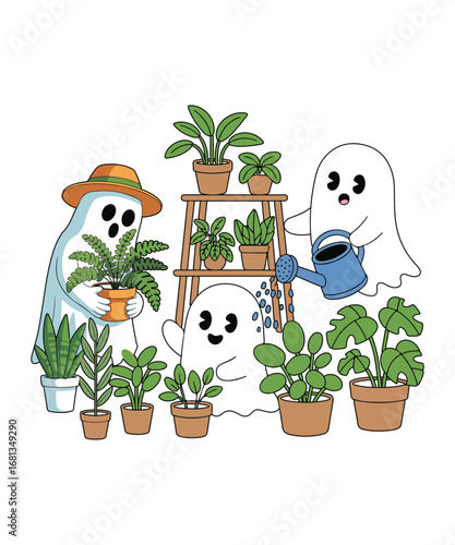 Playful Cute Ghosts Caring for Plants in Autumn Season