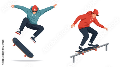 Dynamic Skateboarding Duo: Two skateboarders showcase skill and agility with a variety of tricks, embodying energy and youthfulness in a dynamic display of urban action.
