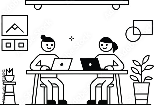 Coworking space illustration people working on laptops at desk editable