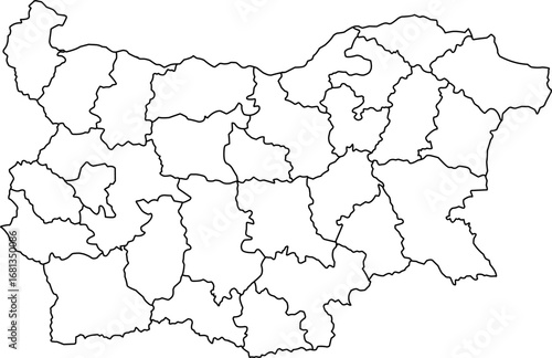A clean, minimalist, and blank outline map of Bulgaria with all provincial borders clearly marked. Ideal for infographics, presentations, or geographical data visualization.

