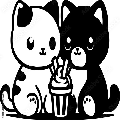 Playful Companions: A charming illustration of two adorable cats sharing a refreshing drink, epitomizing friendship and the sweet moments of life, all rendered in delightful graphic style.