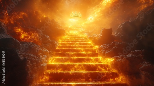 Glowing stairway leading to golden crown with a fiery orange and yellow sky photo