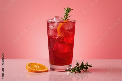 Large glass filled with a fizzy red drink against a pink backdrop