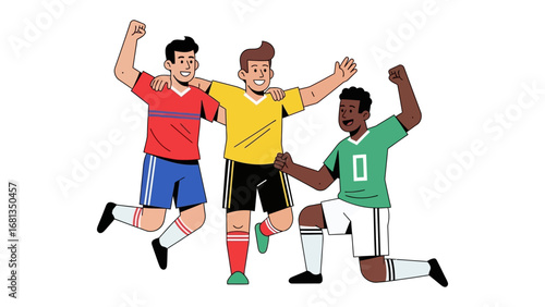 Victory Celebration on the Field: Three triumphant teammates celebrate their team's victory with raised arms and joyous expressions, embodying the spirit of camaraderie and athletic achievement.