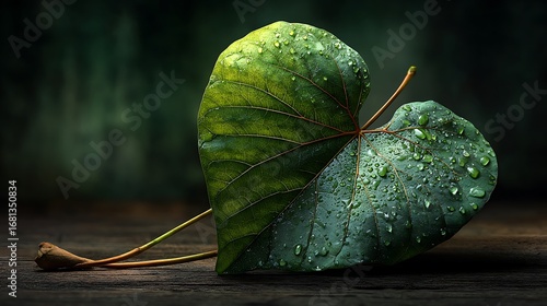 A single heart-shaped green leaf, resembling a Bodhi leaf, emerging alone from pure darkness. Minimalist style with wide negative space, with tiny water droplets scattered mainly on the upper half.