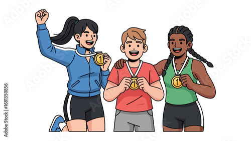 Diverse Athletes Triumph: Three diverse young athletes celebrate their victory, adorned with gleaming gold medals in a stylized illustration of sportsmanship and achievement.