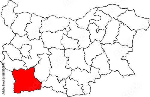 A detailed map of Bulgaria highlighting the Blagoevgrad Province. Ideal for geographical projects, tourism, or content related to the Pirin and Rila Mountains and cross-border trade.

