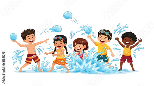 Joyful Water Fight: A vibrant illustration of a group of delighted children engaging in an enthusiastic water fight on a bright summer day, depicting carefree childhood fun.