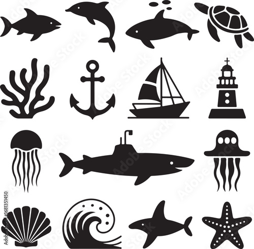 Collection of Marine Life and Nautical Icons Silhouettes ocean fish