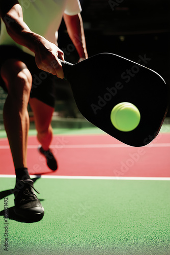 Active Male Athlete Playing Pickleball Game Hitting Bright Ball on Vibrant Green Court