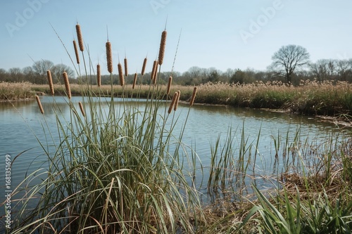 Green reeds grow along the ...