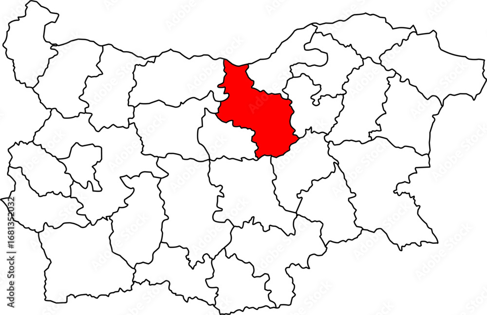Obraz premium A detailed map of Bulgaria highlighting the Veliko Tarnovo Province. Perfect for historical studies, regional tourism, or geographical projects.