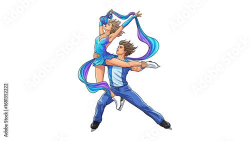 Dynamic Duo: A graceful pair of figure skaters performs an elegant routine, intertwined in a beautiful display of athleticism. The movement is emphasized by the artistic use of motion.