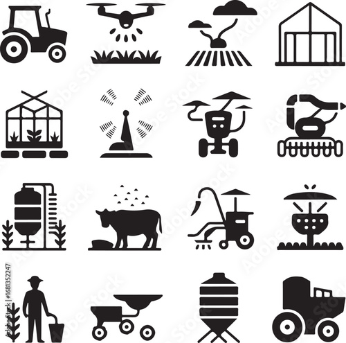 Modern Agriculture Technology and Farming Equipment Silhouettes tractor drone
