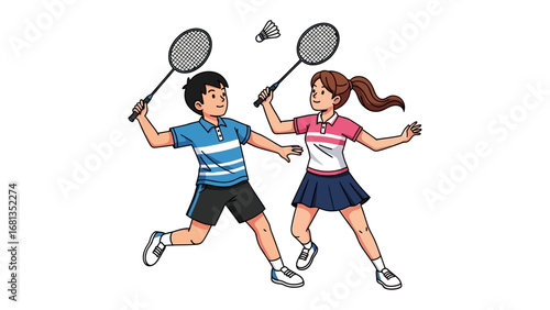  Badminton Bliss: A pair of youthful badminton players engage in a dynamic rally, skillfully striking the shuttlecock with their racquets.