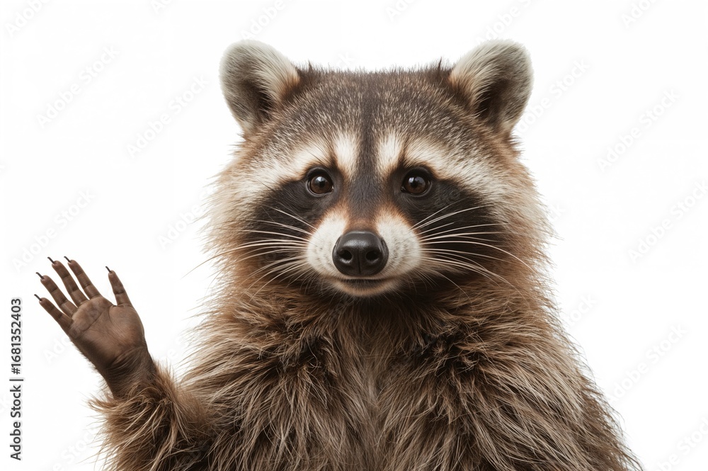 Fototapeta premium Close-up of an adorable raccoon's head and paws against a white backdrop