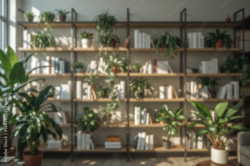 Fototapeta premium Soft focus on contemporary bookshelf setup with indoor greenery and books, bathed in natural light for a calm and welcoming vibe.