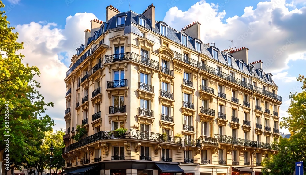 Fototapeta premium A beautiful Parisian building, adorned with classic balconies and rich tones, stands tall against a partly cloudy sky.
