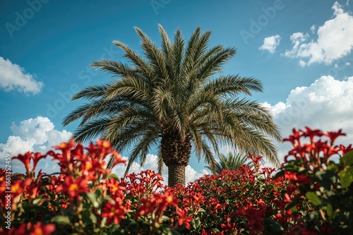 Red blossoms and a palm tre...