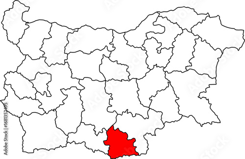 A detailed map of Bulgaria highlighting the Kardzhali Province. Perfect for regional studies, cross-border analysis, or content related to the Eastern Rhodopes mountains.

