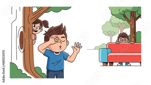 Hide and Seek Game: Playful kids enjoy a lively game of hide-and-seek under trees, in the park, and beside furniture. Illustrated cartoon characters and kids revel in joy and excitement. 