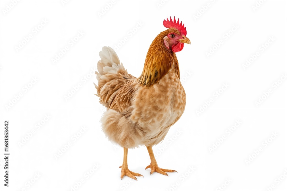 Fototapeta premium Adorable humorous chicken posing against a plain white backdrop