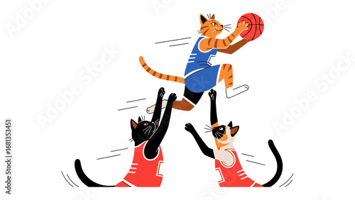 Cats Dunking Basketball: A playful illustration captures the moment of a cat skillfully dunking a basketball amidst excited feline teammates.