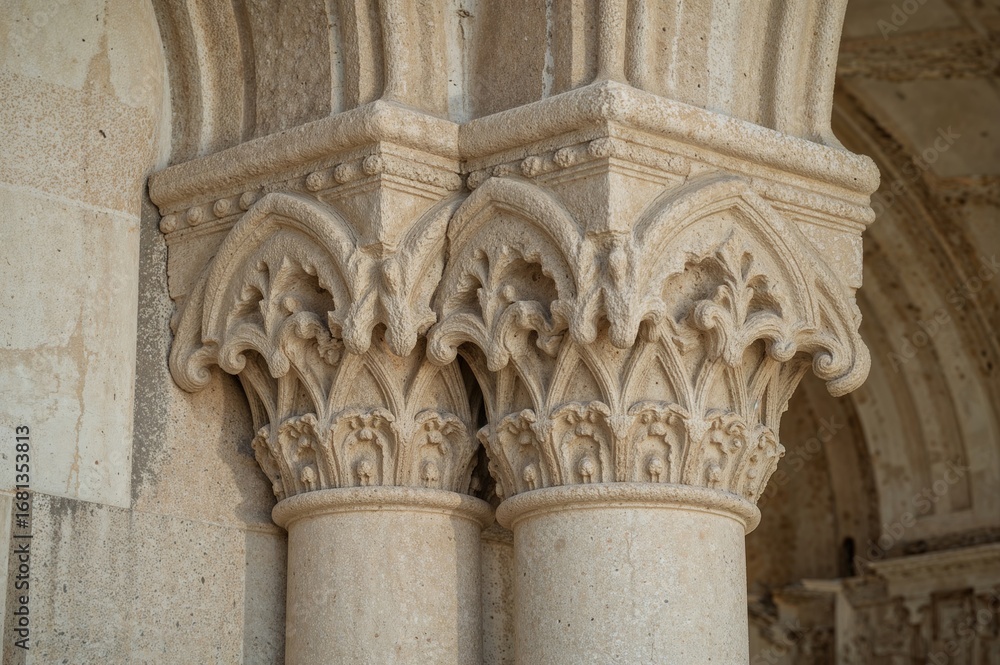 Obraz premium Decorative features of a 16th-century palace showcasing Gothic and Renaissance architecture, crafted from stone between 1516 and 1522 by Paskoje Milicevic Mihov